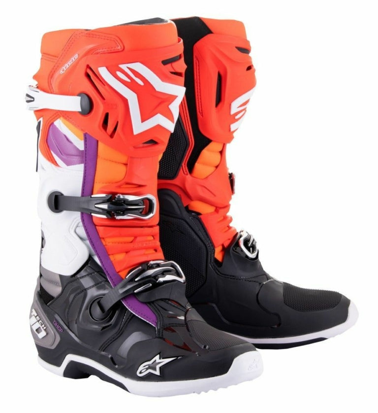 Alpinestars Tech 10 MX-Stiefel Schwarz / Fluorrot / Fluororange / Weiß (Kollektion 2023)