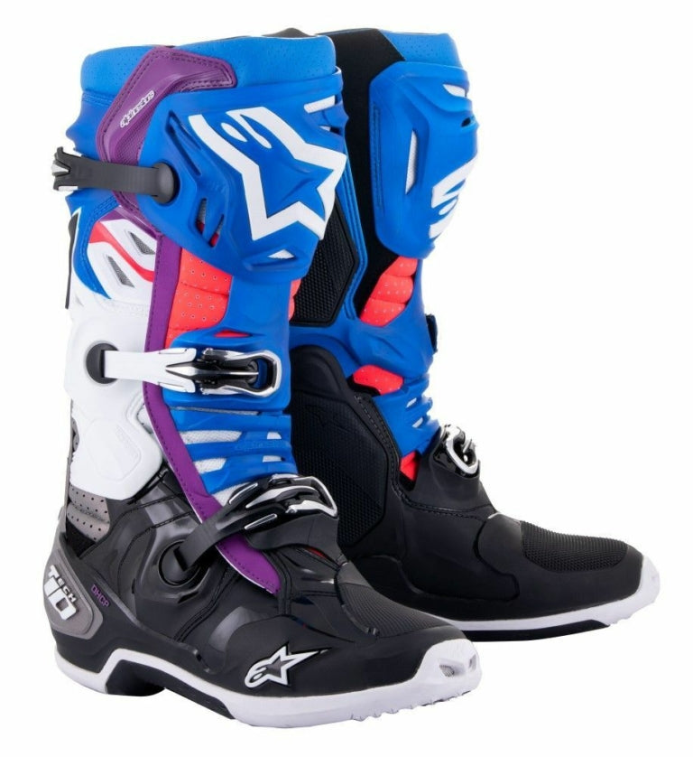 Alpinestars Tech 10 Supervented MX-Stiefel Schwarz / Blau / Lila / Weiß (Kollektion 2023)